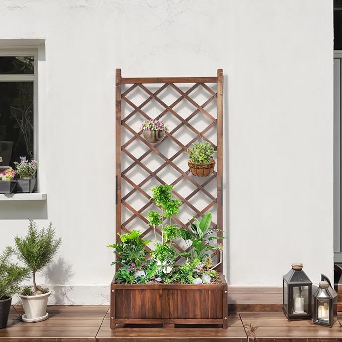 67 Outdoor Garden Flower Standing Planter BoxWood Planter Raised Garden Bed with TrellisIndoor Outdoor Flower BedVertical Flower Pot Standwith Drainage Holesfor Patio Porch Yard Balcony (Brown)