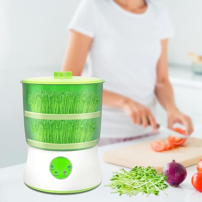 Household Automatic Bean Sprouts Machine 2 Layers Intelligent Bean Sprouts Maker 360° Sprinkler 110V Bean Sprouts Grow Kit with Blackout Cloth and 3 Seasonal Modes for Radish Sprouts