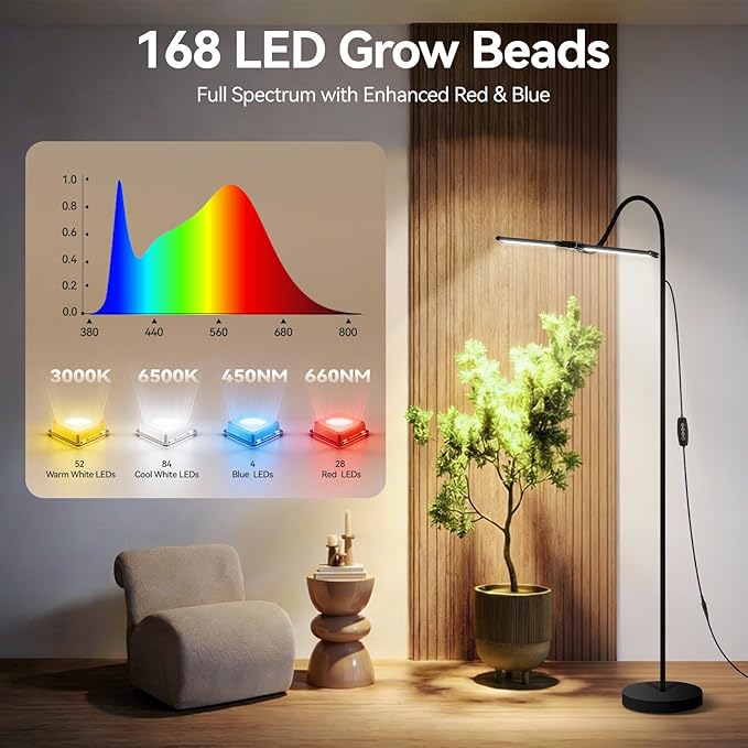 3CCT Grow Lights for Indoor Plants 168 Full Spectrum LED Plant Light for Indoor Growing with 180° Expandable Lamp Head 4/8/12H Dimmable 67in Tall Adjustable Standing Grow Light with 360° Gooseneck