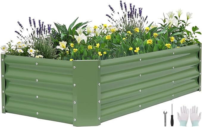 Galvanized Raised Garden Bed - 4x2x1ft Metal Garden Planter Box Outdoor | Steel Raised Bed Kit with Bracing Rods Gloves for Gardening Vegetables Fruits and Flowers (Oliver Green)