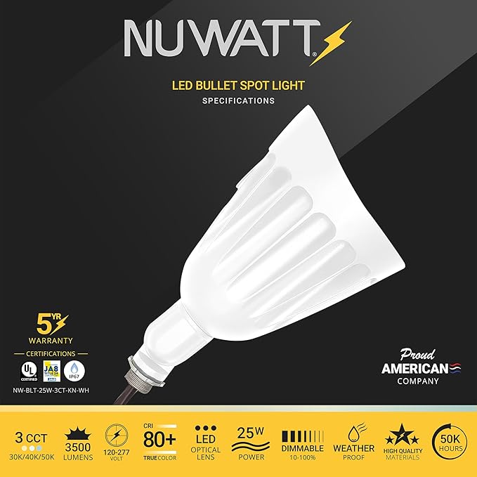 NUWATT 25W Bullet Flood Light Outdoor LED Landscape Lights 3500 LM Bright Outdoor Lighting for Yard 30K/40K/50K Selectable 1/2 Knuckle Mount 120-277V Waterproof Flag Pole Lights (12-Pack)
