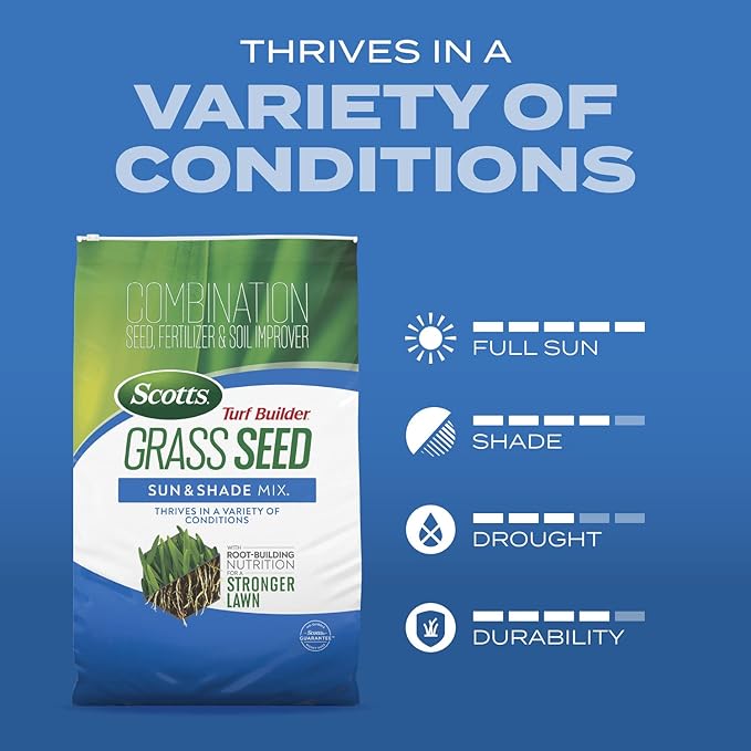Scotts Turf Builder Grass Seed Sun and Shade Mix with Fertilizer and Soil Improver Thrives in Many Conditions 32 lbs.