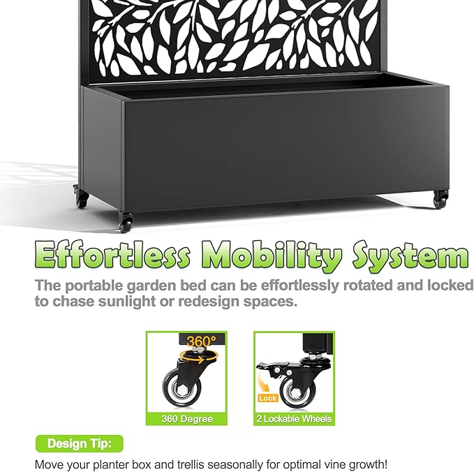 15.7×70.9×35.4 Metal Raised Garden Bed with Trellis and Wheels - Tall Trellis Planter Box for Climbing Plants Vegetables &amp Vines - Outdoor Privacy Planters for Patio (Black)