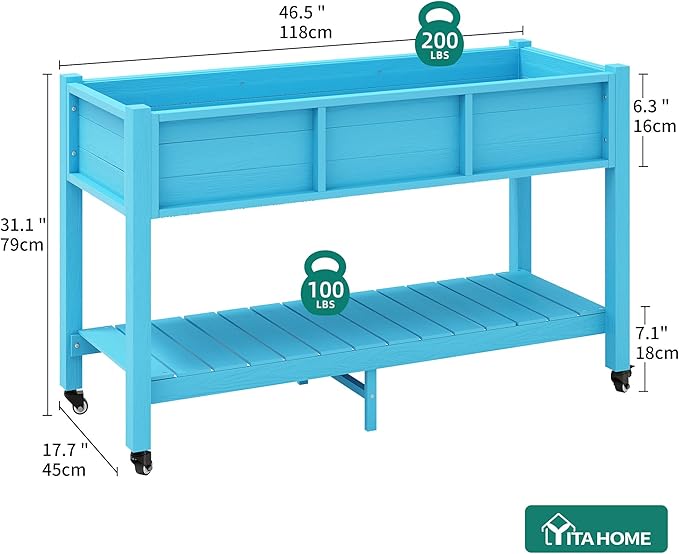 YITAHOME Raised Garden Bed HDPE 47x18x31In Raised Flower Bed Poly-Wood Weather-Resistant Elevated Planter Box with Lockable Wheels &amp Storage Shelf for Vegetable Flower Aruba Blue