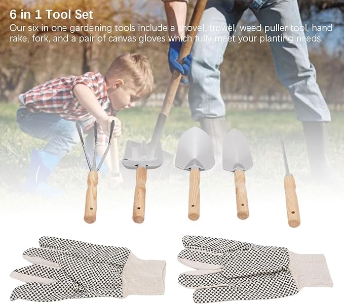 Tissting 6-in-1 Garden Tool Set with Stainless Steel &amp Wood Handle 5-Piece Gardening Kit with Gloves for Planting Vegetables Flowers in Yard Balcony