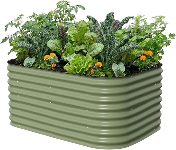 Vego garden 26 Extra Tall Raised Garden Bed Kits 6 in 1 Modular Raised Planter Box for Vegetables Flowers Fruits Oval Metal Raised Garden-Olive Green