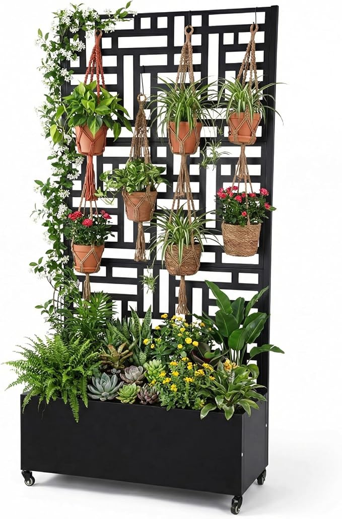 70.87x35.43x15.75 Inch Metal Planter Box with Trellis and Wheels Privacy Screen Planter with Drainage Holes Outdoor Garden Box for Climbing Plants Vine (02)
