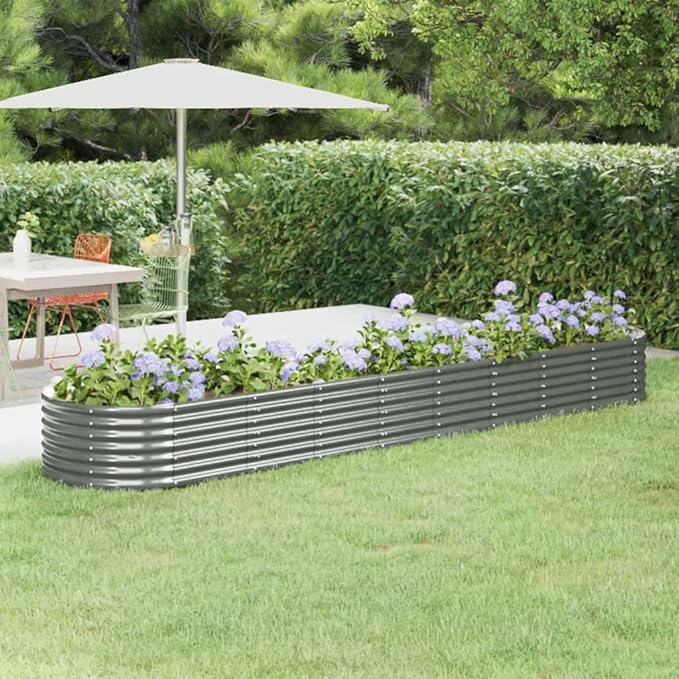 Large Oval Raised Garden Bed Planter Powder-Coated Steel Outdoor Planter Box for Herbs Vegetables Flowers Modern Grey Patio Balcony Gardening with Durable