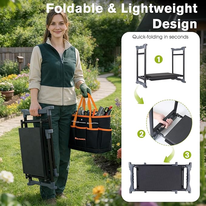 Garden Kneeler and Seat with Umbrella 2-in-1 Foldable Gardening Stool with Adjustable Bracket Detachable Tool Bags Heavy Duty Kneeling Pad for Gardening (Black Orange)