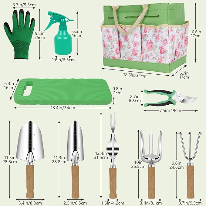 Garden Tool Set10 Piece Garden KitHeavy Duty Stainless Steel Gardening Hand Tools with Durable Storage ToteRust-Proof Garden ToolsGardening Gifts for Women Men Pink Floral Pattern Design