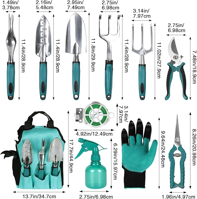 Garden Tools Gardening Tool Set with Non-Slip Handles Lightweight Aluminum Alloy Rust-Proof Gardening Hand Tools with Gloves Ideal Gardening Tools Gifts for Women and Men (11 Pcs)