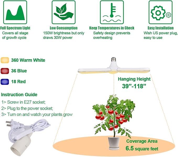 xingruyu 2 Pack 150W LED Grow Light Bulb Foldable Sunlike Full Spectrum Grow Light for Indoor Plants 414 LEDs Sunlike Plant Light with Power Cord E27 Plant Lamp for FlowersGreenhouse Hydroponic