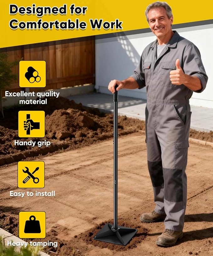 8 x 8 Heavy Duty Steel Tamper with 47 inch Adjustable Handle &amp Rubber Grip Thickened Steel Garden Dirt Tamper Tool for Ground &amp Gravel Leveling Soil Tamper for Yard Sand Driveway