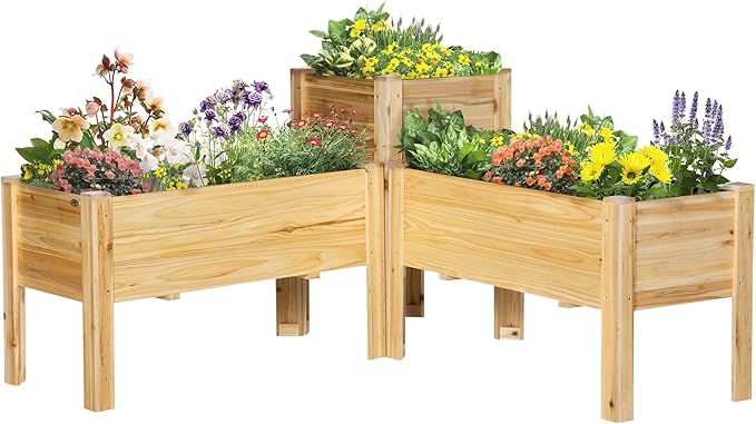 Raised Garden Bed Set of 3 Wooden Elevated Planter Box with Legs and Bed Liner for Backyard and Patio to Grow Vegetables Herbs and Flowers Natural