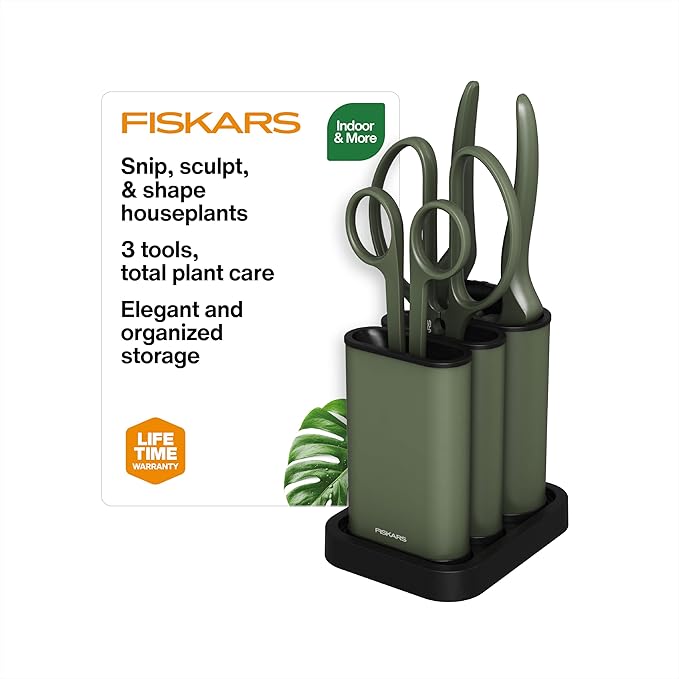 Fiskars Indoor Plant Care 3-Piece Set Precision Gardening Tools with Nesting Storage Caddy Detail Snips Stem Shears &amp Bypass Pruner for Trimming &amp Shaping Houseplants Stainless Steel Blade