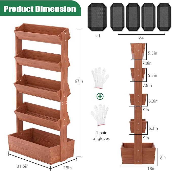 SUNYRISY 5 Tiers Vertical Wooden Raised Garden Bed Outdoor Freestanding Garden Planter Box Stand for Planting Herbs Flowers Vegetables Outdoor Gardening