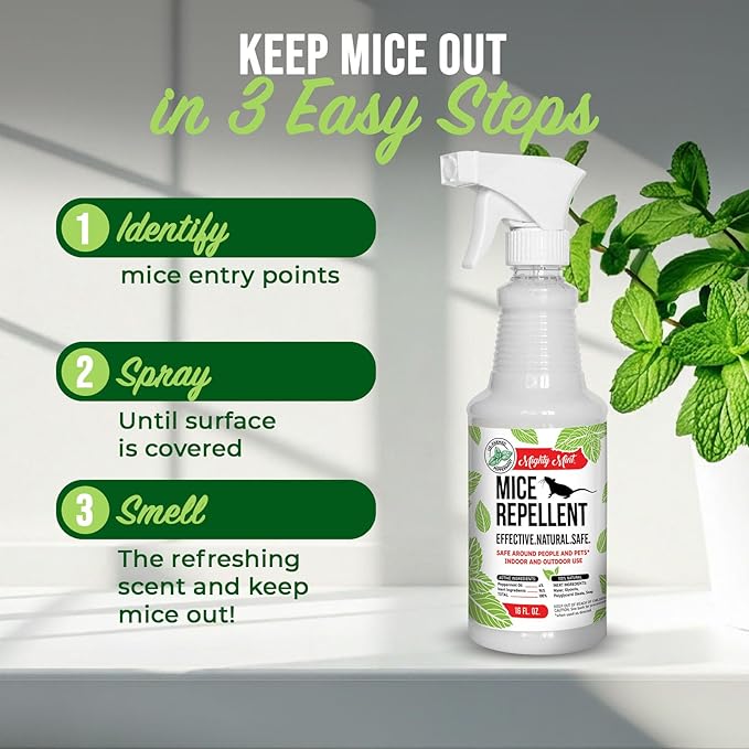 Mighty Mint Peppermint Oil Mouse Repellent Spray – Natural Indoor &amp Outdoor Control for Mice and Rodents – Plant-Based Extra-Strong Formula - 16 oz