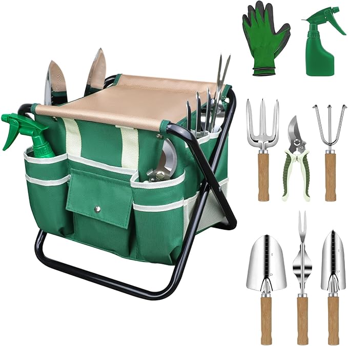 LeMotech Garden Tool Set10 Pieces Heavy Duty Gardenting Tool Kit Folding Stool with Detachable Tote Bag Thicker Stainless Steel Tools (Trans-PlanterTrowelWeeder etc.) for Women Men