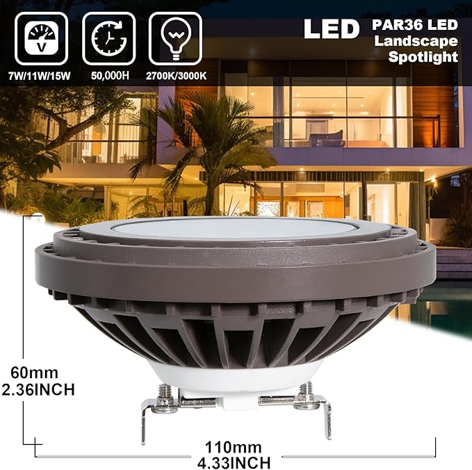 PAR36 LED Landscape Bulb Dimmable Waterproof PAR36 LED Bulb 7W/11W/15W Magnetic Touch Dimming 12V Landscape Lights 2700-3000K 25° Outdoor Spotlight for Outdoor Landscape Lighting 1 Pack
