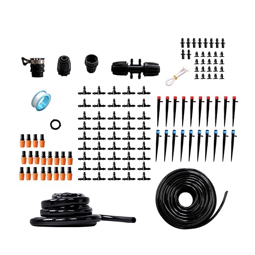 169FT Drip Irrigation System Adjustable Drip Emitters and Barbed Fittings Automatic Drip Irrigation Kit for Raised Garden Greenhouse Lawn ﻿