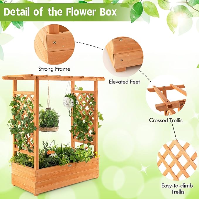 Giantex Raised Garden Bed with Trellis Wood Planter Box with Roof &amp Side Trellis Drain Holes Elevated Raised Bed with Trellis for Climbing Plant and Pot Hanging Indoor Outdoor Patio Balcony