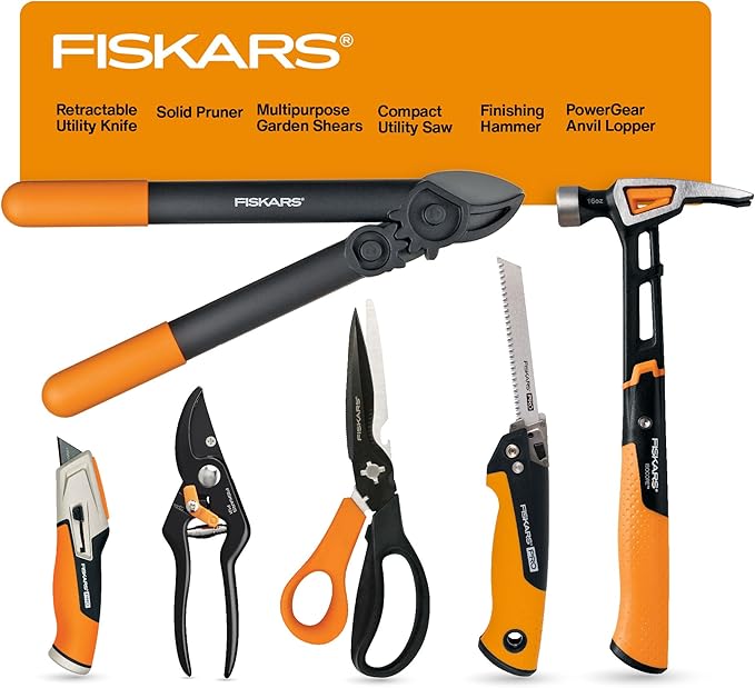 Fiskars Home Essentials Tool Kit with PowerGear Lopper Shears Bypass Pruner Folding Saw with 2 Blades IsoCore Hammer and Utility Knife for Indoor Use and Outdoor Gardening (6 Piece Kit)