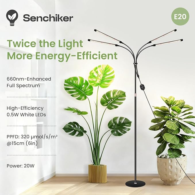 Floor Plant Grow Light 12V 660nm-Enhanced Full Spectrum LED Grow Lamp with Timer &amp Dimmable High PPFD 320 µmol/s/m²@6in 20W Plant Light for Indoor Growing E20-B