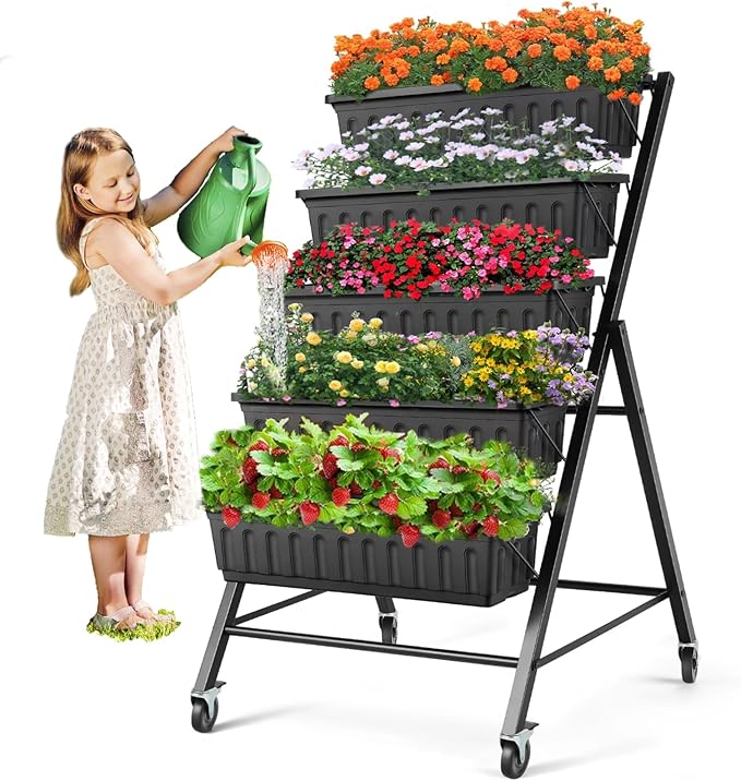 SEJOV 4FT Vertical Raised Garden Bed 5-Tier Vertical Garden Planter with Drainage System Larger Elevated Planter Box for Herb Vegetables Flowers Indoor Outdoor Planters (Black with Lockable Wheels)