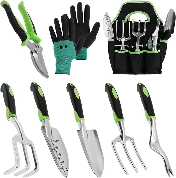 Gardening Tools Set of 8 Heavy Duty Garden Tool Set with Storage Bag Outdoor Hand Tools Gardening Tool Set with Non-Slip Rubber Grip Gardening Hand Tools for Planting Gardening Kit