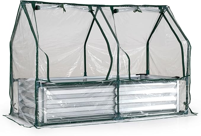 HAPPYGRILL 4 x 2 x 3 FT Galvanized Raised Garden Bed with Cover Metal Elevated Planter Box with Dual Roll-up Windows for Vegetables Herbs Flowers Mini Greenhouse for Outdoor Patio Balcony (Sliver)