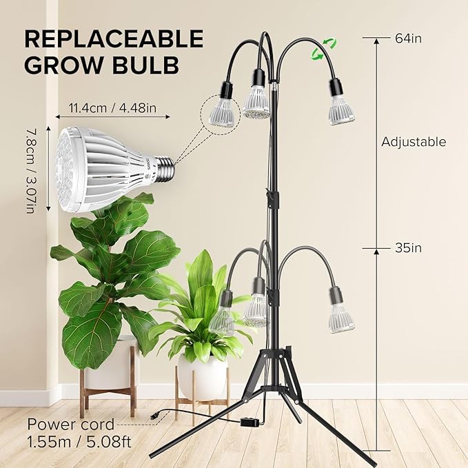 SANSI Grow Lights for Indoor Plants 96W Full Spectrum Grow Light No Dimmable 35-64 inches Detachable Tripod Standing Grow Lights High PPFD 3 Pack of Par25 32W Bulb Plant Lights for Indoor Growing