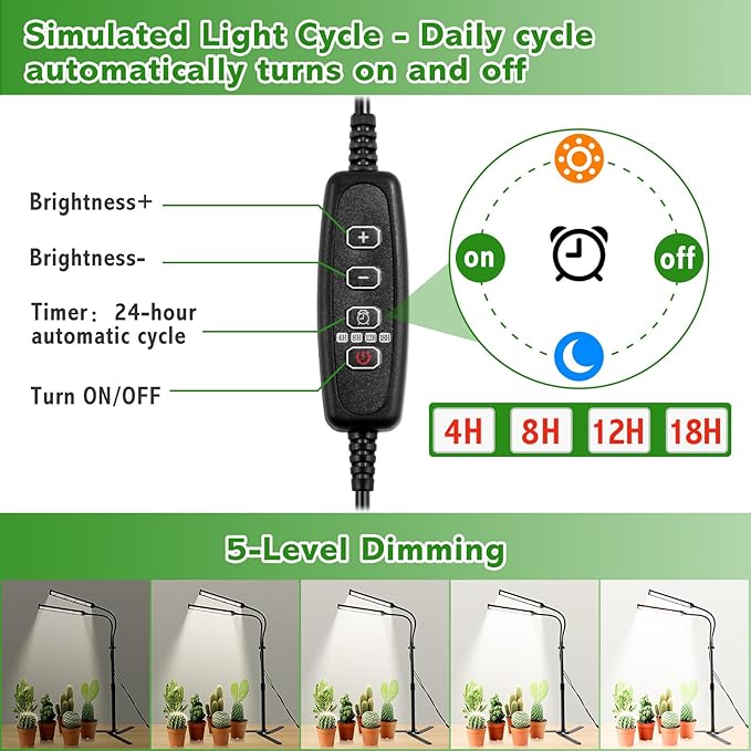 Grow Lights for Indoor Plants Full Spectrum LED Tabletop Plant Lights for Indoor Growing Dual-Head Gooseneck Plant Lamp with 5 Dimmable &amp Auto On/Off 4/8/12/18H Timer Height Adjustable 9.8-25''