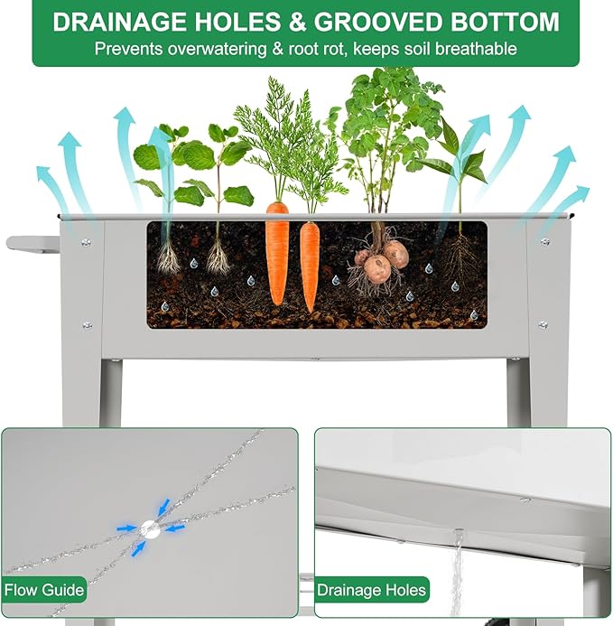 Elevated 32 Tall Raised Garden Bed with Legs and Wheels for Mobility Metal Planter Boxes Outdoor with Shelf Raised Bed for Gardening Vegetables/Herbs Backyard Patio Balcony Grey