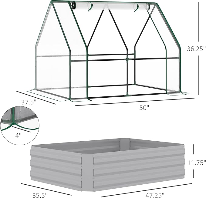 4' x 3' Galvanized Raised Garden Bed with PVC Greenhouse Cover Outdoor Metal Planter Box with 2 Roll Up Windows for Growing Flowers Fruits Vegetables and Herbs Clear