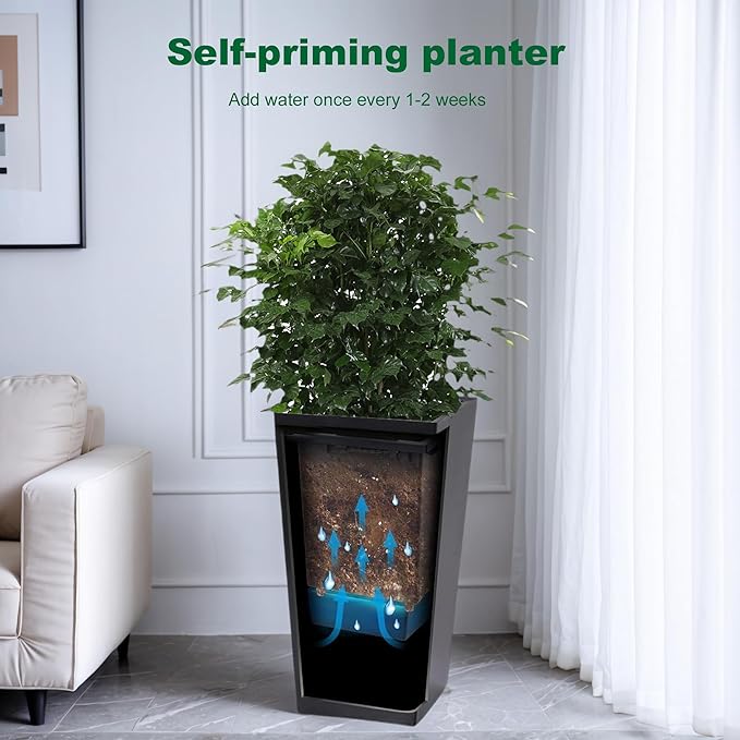 22 Tall Planter Set of 2 OutdoorIndoor Black Planter Pots High Front Porch Planter Pots with Drainage HolesWater Level MonitorInner Bucket Automatic Watering Black