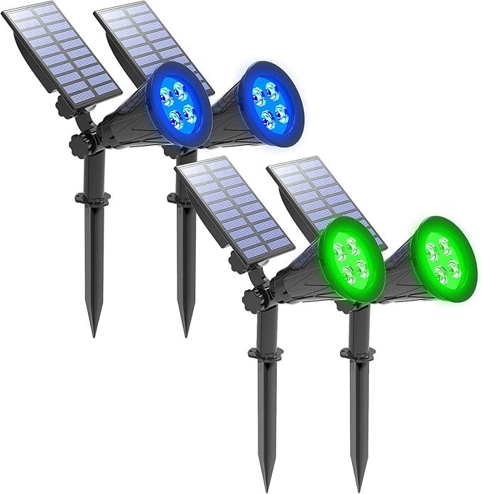 T-SUNUS Solar Landscape Spotlights Solar Powered Spot Wall Light 2 Modes IP65 Waterproof Outdoor Solar Landscaping Lights for Yard Garden Garage 2 Pack Blue&ampGreen