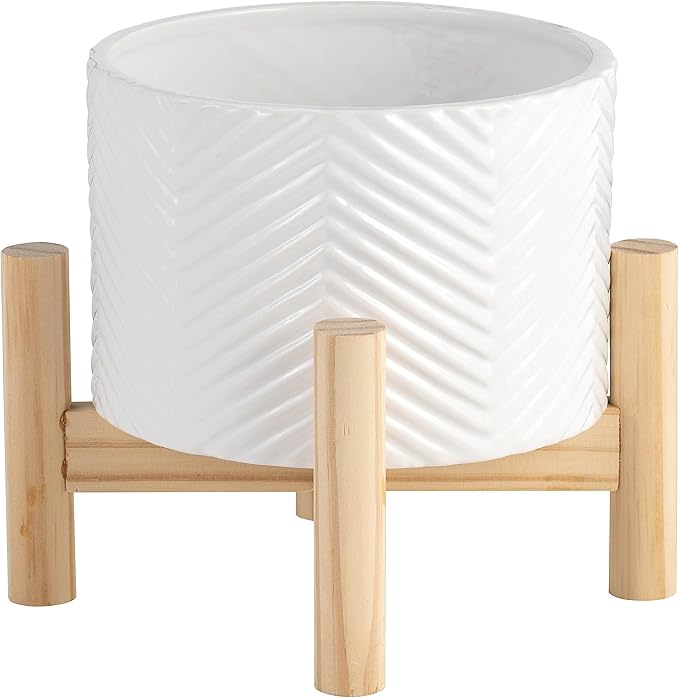 6 Ceramic Planter W Wood Stand White