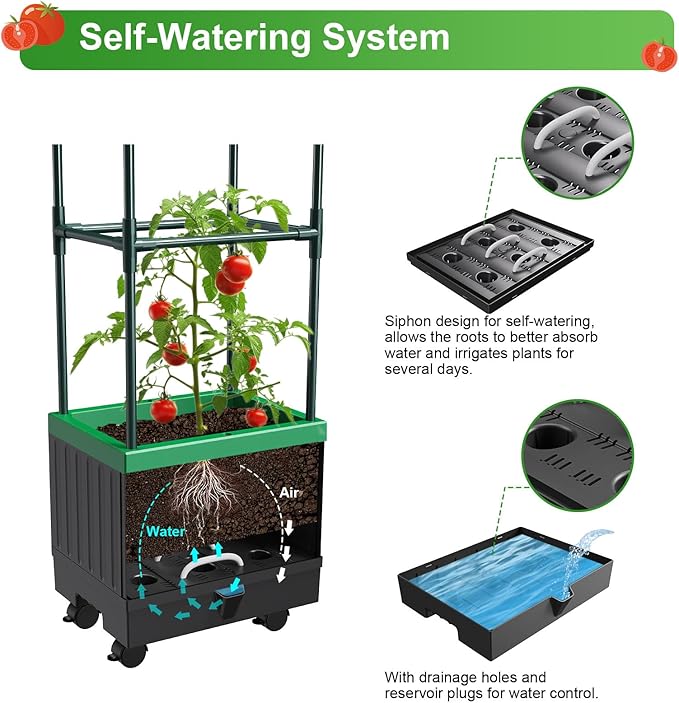 Raised Garden Bed Planter Boxes with Trellis1pcs 70.9Self-Watering Tomato Planter Boxes with Trellis for Climbing Vegetables Plants Flowers Tomato with WheelsUse for Indoor Outdoor (Black)