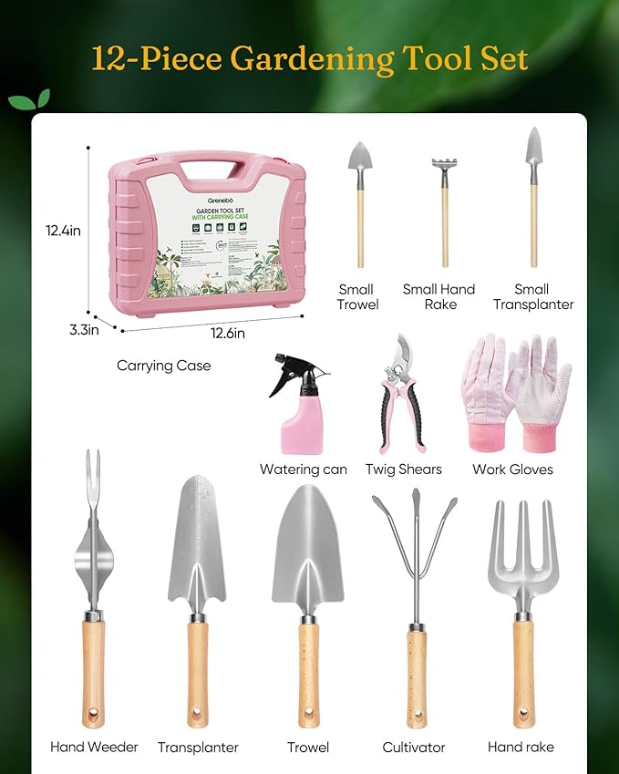 12-Piece Womens Gardening Tools Gift Set Rust-Proof &amp Heavy-Duty Garden Tools with Durable Carrying Case Fashionable &amp Thoughtful Gardening Gifts for Women&ampMen (Pink-Silver)