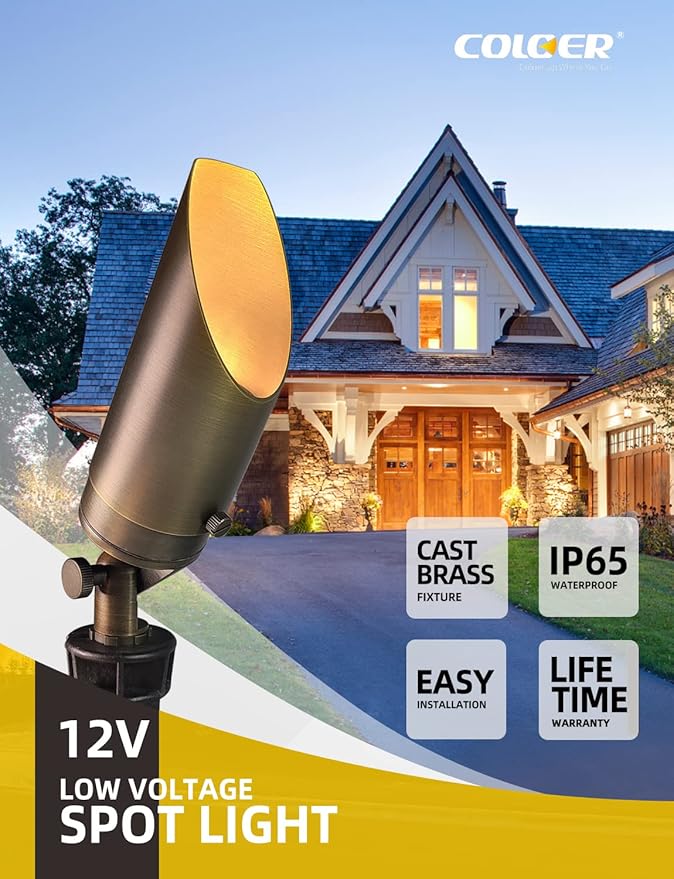 COLOER Die-cast Brass Landscape Spot Lights Outdoor with 5W Aluminum Housing LED MR16 Bulb 2700K 450LM 12V AC/DC Low Voltage LED Landscape Lighting Outdoor Directional Up Light(103B 1-Pack)