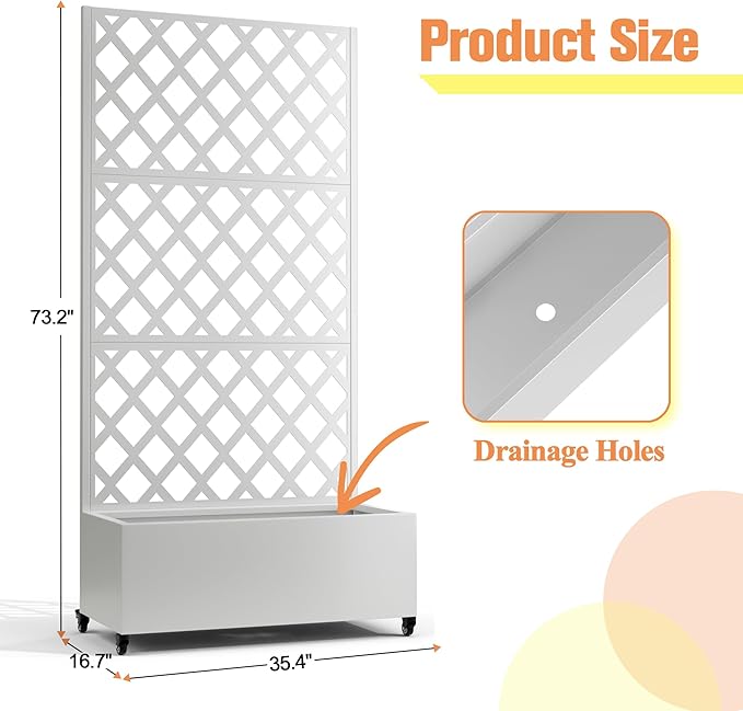 Metal Raised Garden Bed with Diamond Lattice Trellis Outdoor Planter Box for Climbing Plants Vegetables Vines Galvanized Garden Box with Drainage Holes and Wheels White (35.4L x 16.7W x 73.2H)