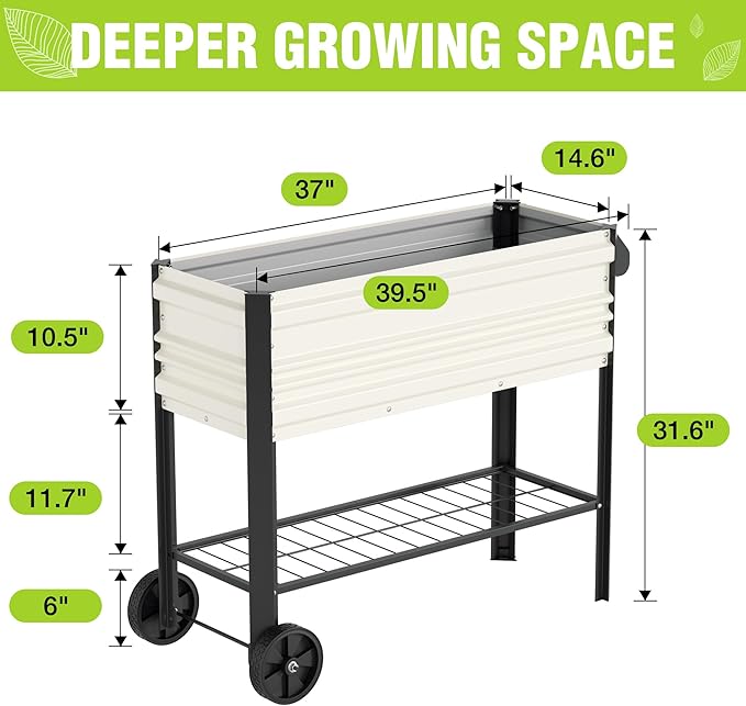 WORKPRO Galvanized Raised Garden Bed with Legs &amp Wheels 37x14.6x31.6in 400LB Capacity Elevated Planter Box for Garden Backyard Patio &amp Deck White