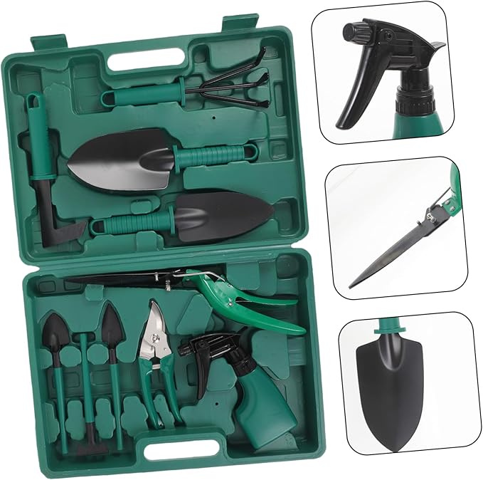 Garden Tool Set with Plastic and Iron Handles Includes Shovel Rake Shears Sprayer and Carrying Case for Transplanting Soil Loosening and Planting