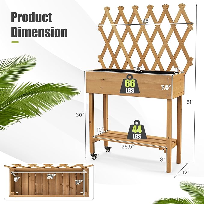 Raised Garden Bed with Trellis Fir Wood Elevated Planter Bed with Legs 2 Lockable Wheels &amp Storage Shelf Wooden Planter Box Raised Bed for Gardening Backyard Balcony &amp Greenhouse