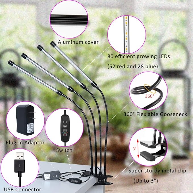 Plant Grow Lights for Indoor Plants Full Spectrum80 LED Plant Lights for Indoor Growing with Timer 4 Head Clip Indoor Plant Grow Lamp for House Plants with 3 Lighting Mode/10 Brightness