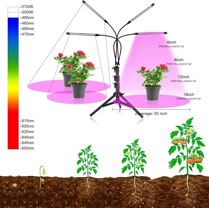 Full Spectrum Grow Lights with Tripod 4/5 Heads LED USB Grow Light 3H/9H/12H Timer 9 Dimmable Brightness Plant Growing Lamps for Indoor Plants Seeding Veg &amp Bloom5 Heads