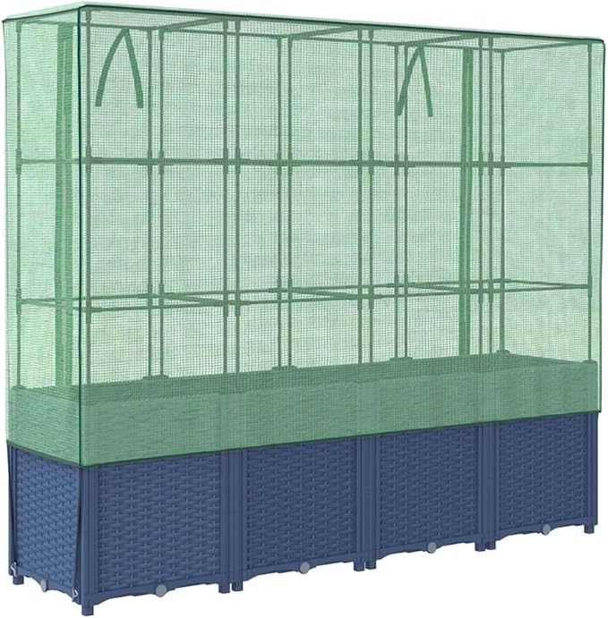 Large Raised Garden Bed with Greenhouse Cover Blue Grey Polypropylene Rattan Look 63x15.7x60.2 Inch Outdoor Indoor Planter Box for Herbs Flowers Vegetables