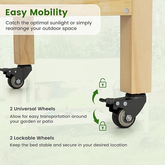 S AFSTAR 2 Pieces Wooden Raised Garden Bed with Wheels Elevated Planter Box with Legs Storage Shelf Liner &amp Drainage Holes Indoor Outdoor Patio Gardening Box for Vegetable Flower &amp Herb