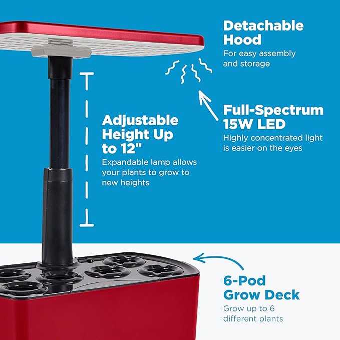 AeroGarden Harvest Lite in Cherry Red Soil-Free Indoor Hydroponic Garden with LED Grow Light for Year-Round Gardening of up to 6 Herbs and Vegetables