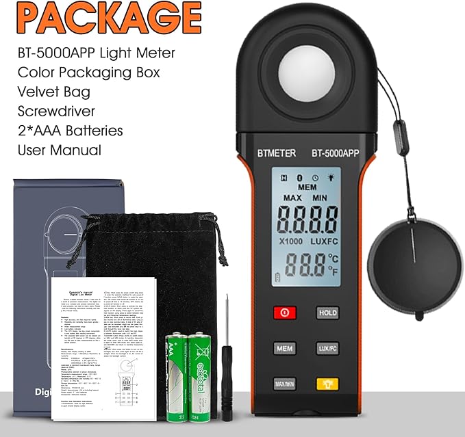 BTMETER Illuminance Light Meter w/Bluetooth - Digital Lumen Tester Measure Lighting Level Intensity 1~400000 Lux(Foot Candle 1~37160) Luxometer with 270º Rotated Sensor Data Logging for Plants Grow